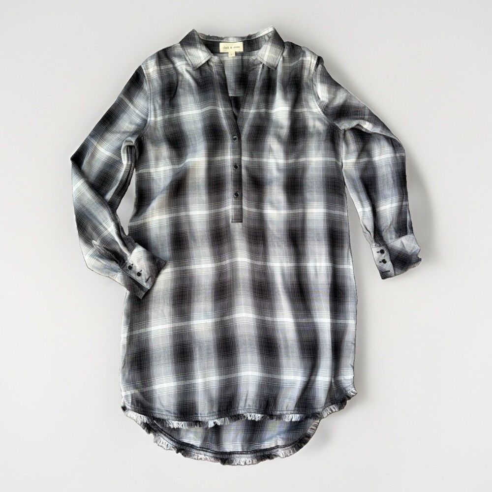 Cloth & Stone Plaid Shirt Dress Small S Black Gray Frayed Fringe Hem Tunic Soft